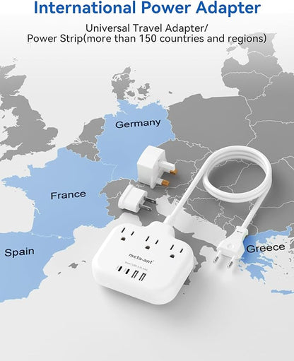 European Travel Plug Adapter, International Power Adapter, US to UK Europe Power Strip for EU/UK/US with 3 AC Outlets & 4 USB(2 USBC), 5ft Extension Cord, Type C for EU UK Europe Germany France, White