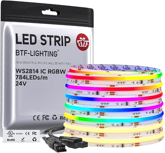 BTF-LIGHTING 24FT WS2814 Smart IC RGBW 3000K DC24V COB LED Strip Light | UL Listed 784LEDs/m High Density Color Chasing Uniform Light 10mm Width for Home Party DIY Lighting(No Adapter or Controller)