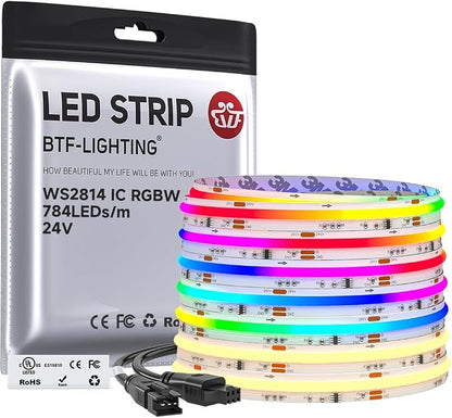 BTF-LIGHTING 24FT WS2814 Smart IC RGBW 3000K DC24V COB LED Strip Light | UL Listed 784LEDs/m High Density Color Chasing Uniform Light 10mm Width for Home Party DIY Lighting(No Adapter or Controller)