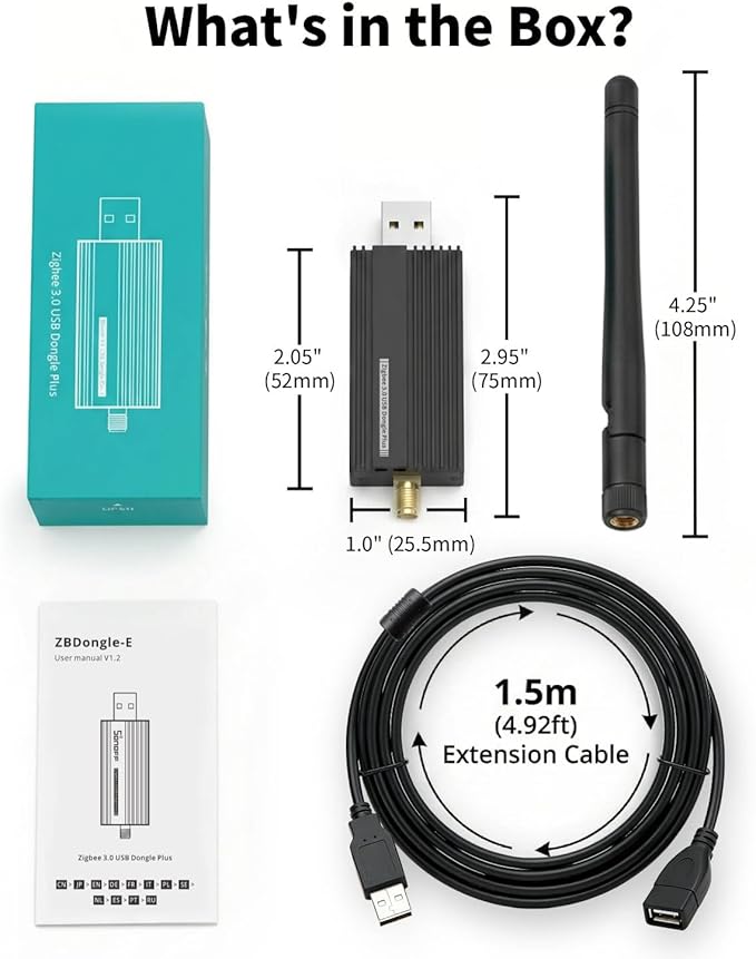 Zigbee 3.0 USB Dongle Plus-E (ZBDongle-E) Kit with 1.5m Shielded Extension Cable | Solves USB 3.0 Interference | EFR32MG21 Coordinator +20dBm for Home Assistant (ZHA), Zigbee2MQTT & Local Hub