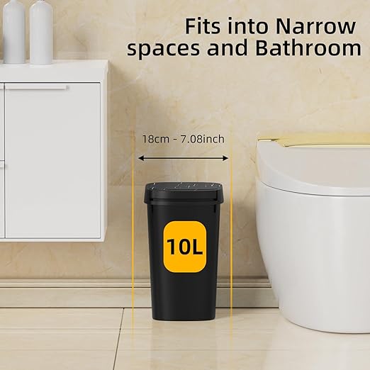 KSSKSS 3 Pack Bathroom Small Trash Can with Lid, 2.6 Gallon Slim Garbage Bin with Pop-Up Lid, 10L Plastic Wastebasket for Bedroom, Office, Kitchen, Toilet (Three Colors)