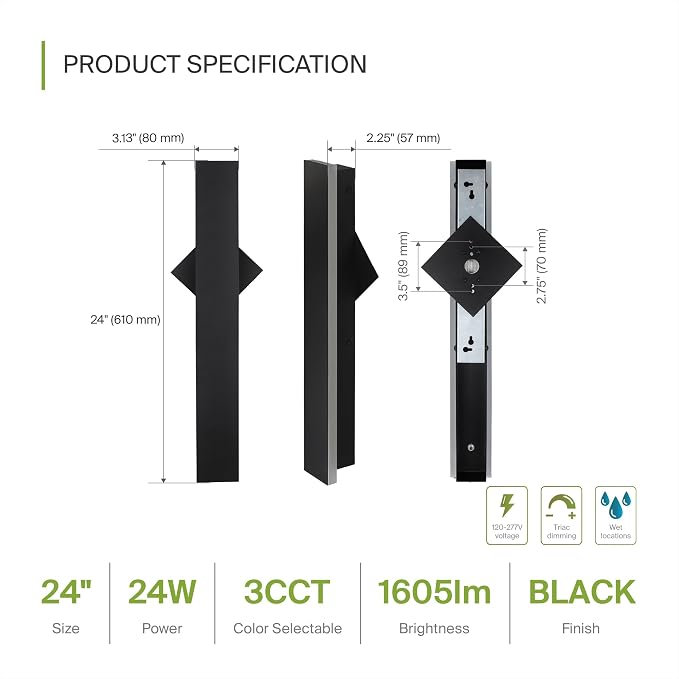 ASD LED 24" Long Wall Mount Light Fixture, Outdoor & Indoor Linear Sconce | 3CCT, Dimmable, Waterproof, Anti-Rust, ETL Listed | 24W 1500LM 3000-5000K 100-277V | Exterior Porch Lighting | Black