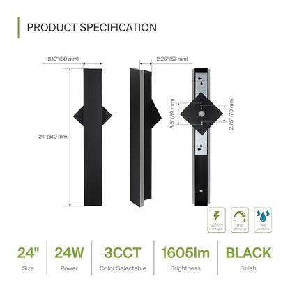 ASD LED 24" Long Wall Mount Light Fixture, Outdoor & Indoor Linear Sconce | 3CCT, Dimmable, Waterproof, Anti-Rust, ETL Listed | 24W 1500LM 3000-5000K 100-277V | Exterior Porch Lighting | Black