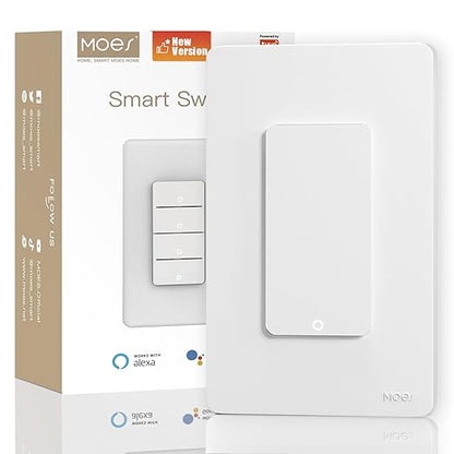 MOES 2nd Generation Wi-Fi Smart Light Switches, Netural Wire Required, Inteligente Single Pole Switch, Compatible with Alexa Google Assistant, Remote Control, No Hub Required