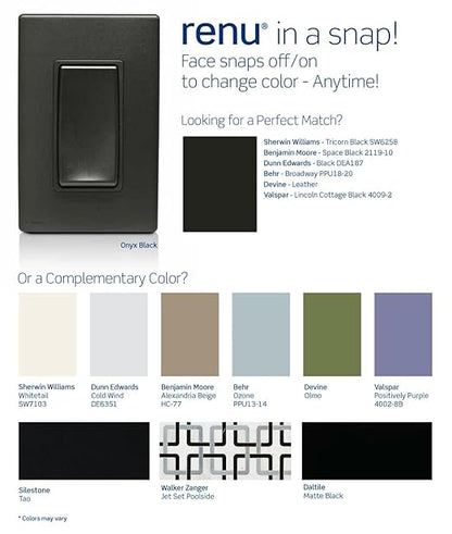 Leviton Renu Switch for 3-Way Applications, 15A-120/277VAC, RE153-OB, Onyx Black