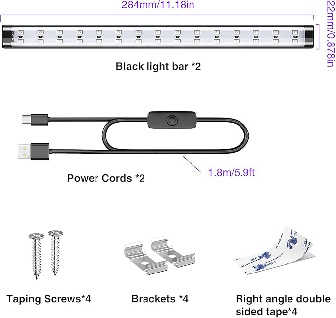 Onforu 2 Pack 10W LED Black Light Bar, 1ft, USB Blacklight Tube, Blacklight Bars with Switch, Black Light for Fluorescent Tapestry Poster, Cabinet, Glow Party, Halloween, Classroom, Body Paint