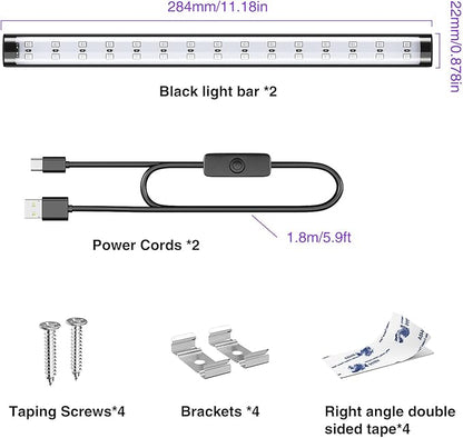 Onforu 2 Pack 10W LED Black Light Bar, 1ft, USB Blacklight Tube, Blacklight Bars with Switch, Black Light for Fluorescent Tapestry Poster, Cabinet, Glow Party, Halloween, Classroom, Body Paint