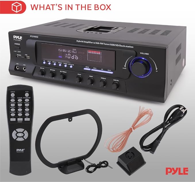 Pyle 300W Digital Stereo Receiver System - AM/FM Qtz. Synthesized Tuner, USB/SD Card MP3 Player & Subwoofer Control, A/B Speaker, iPod/MP3 Input w/Karaoke, Cable & Remote Sensor - PT270AIU.6