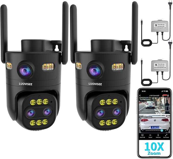 Luovisee Indoor/Outdoor Cameras for Home Security 2Pack,2.4/5G WiFi Camera Wired,10x Hybrid Zoom,Plug-in 9.8ft Cable,360° Pan Tilt,Auto-Tracking,24/7 Recording,Work with NVR/DVR