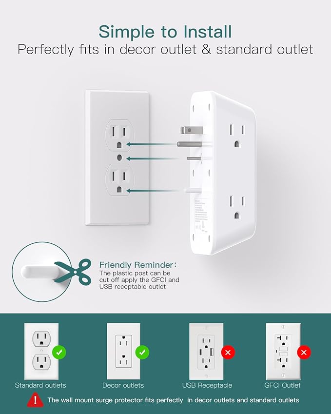 Addtam 6-Outlet Extender Surge Protector, Multi Plug Wall Outlet with 4 USB Wall Charger(2 USB C Ports), Plug Extension Outlet with 1800J, Outlet Splitter Power Strip for Home Office, 2 Pack, White