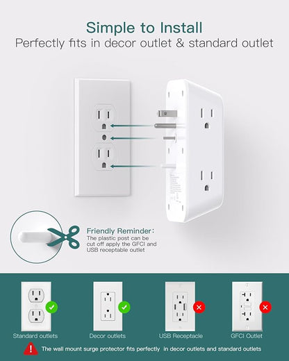 Addtam 6-Outlet Extender Surge Protector, Multi Plug Wall Outlet with 4 USB Wall Charger(2 USB C Ports), Plug Extension Outlet with 1800J, Outlet Splitter Power Strip for Home Office, 2 Pack, White