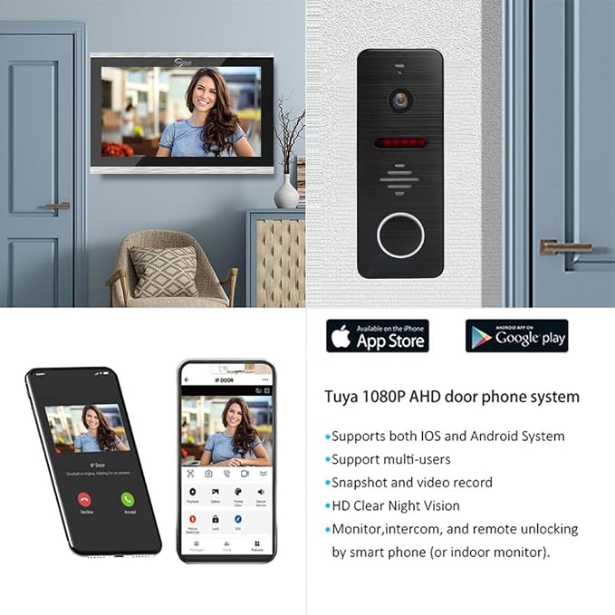 Wired Video Doorbell Apartment Intercom System with 1080P HD Camera,10 Inch Touch Monitor,TUYA WiFi Smart Home Video Intercom Door Phone Kits for Home Villa,32G (1 doorbell+4 Monitor)