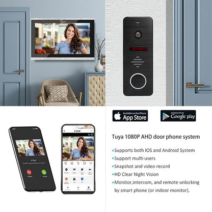 Wired Video Doorbell Apartment Intercom System with 1080P HD Camera,10 Inch Touch Monitor,TUYA WiFi Smart Home Video Intercom Door Phone Kits for Home Villa,32G (1 doorbell+4 Monitor)