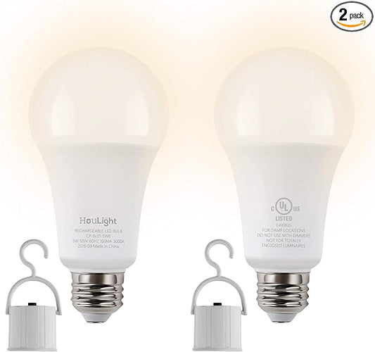 5W Rechargeable Emergency LED Light Bulbs with Back Up Battery for Power Outage, Camping, Hurricane, Disaster Planning, 40W Equivalent, UL Certified (3000K Soft White, 2-Pack)