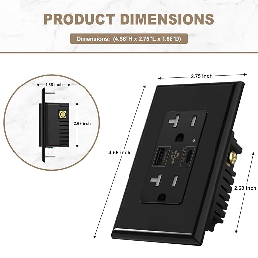 Micmi USB Outlet with C + A Wall Dual High Speed Receptacle Smart 4.8A Fast Charging Capability, 20Amp 125Volt, Tamper Resistant Wall Plate Included UL Listed (2Pack, Black, 20 Amp Outlet)