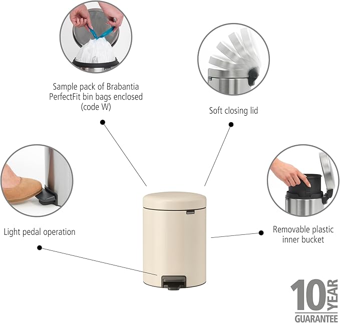 Brabantia New Icon Step Trash Can (1.3 Gal/Soft Beige) Soft Closing Kitchen Garbage/Recycling Can with Removable Bucket