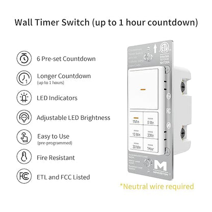 Minoston Timer Lights Switch, 1-60 Min, Countdown Wall Timer for Bathroom Fans, Heaters, Adjustable LED Brightness, 120VAC, Neutral Required, ETL and FCC Listed, White (MT11N)