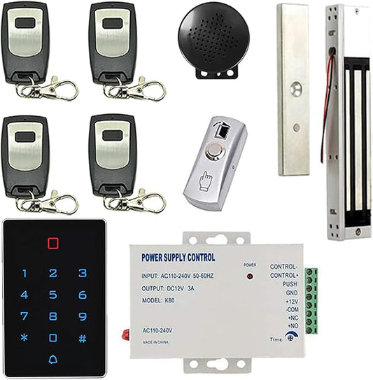 Weatherproof Keypad 600lbs Magnetic Lock(Waterproof) 4 Remote Access Control Kit 110-240V Power Supply Unit Push to Exit Button Buzzer Sounder for Visitor in