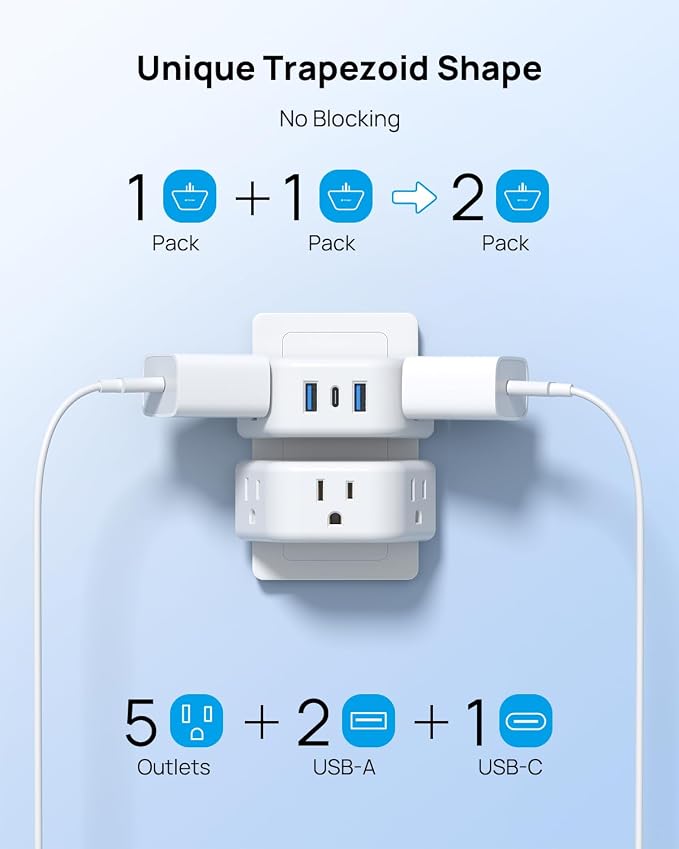 TROND Multi Plug Outlet Extender with USB, 2 Pack Plug Splitter | No Blocking with 3 Way Angled Design Outlet Adapter, Cruise Essentials, Small Multiple Expander for Travel Home Office, White