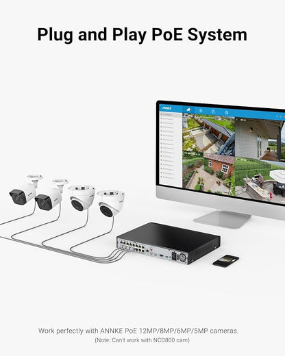 ANNKE 16 Channel NVR for Security Camera, 5-in-1 16CH 12MP Network Video Recorder with 4TB Hard Drive Disk, Supports 12MP/8MP/6MP/5MP/4MP PoE IP Cameras, 24/7 Surveillance Recording