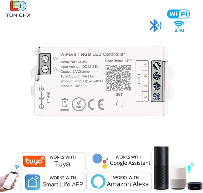 C03W RGB LED Controller Tuya WiFi 2.4G RF LED Dimmer for 4Pin SMD COB Strip