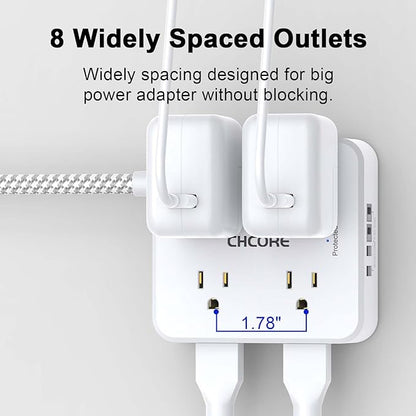 Surge Protector Power Strip - CHCORE 20Ft Braided Extension Cord with 8 Outlets with 4 USB (2 USB C) Charging Ports, Flat Plug Multi Plug Outlet Extender Charging Station for Home Office, ETL, White