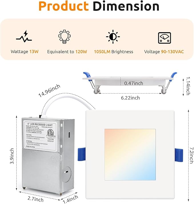 HONZIN 6 Pack 6 Inch Square LED Recessed Lighting, 5CCT Ultra-Thin LED Ceiling Lights, 2700K/3000K/3500K/4000K/5000K Selectable, 13W, IC Rated, Dimmable White Square Trim with Junction Box