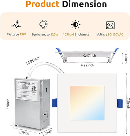 HONZIN 6 Pack 6 Inch Square LED Recessed Lighting, 5CCT Ultra-Thin LED Ceiling Lights, 2700K/3000K/3500K/4000K/5000K Selectable, 13W, IC Rated, Dimmable White Square Trim with Junction Box