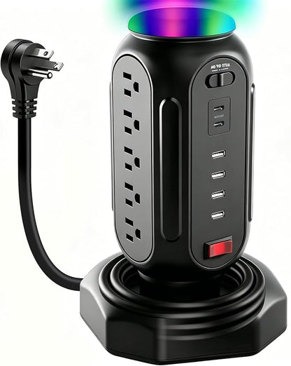Power Tower with Retractable Cord, Surge Protector Tower with PD 30W USB-C (Single Port 30W/2 Ports 15W Each), 15 AC Outlets, 6.5ft Flat Plug, High-Power Fast Charging Station for Home and Office