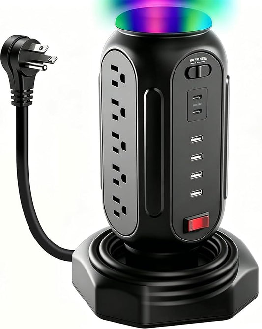 Power Tower with Retractable Cord, Surge Protector Tower with PD 30W USB-C (Single Port 30W/2 Ports 15W Each), 15 AC Outlets, 6.5ft Flat Plug, High-Power Fast Charging Station for Home and Office