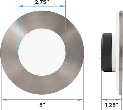 LUXRITE 3-4 Inch LED Flush Mount & Recessed Light, 7.5W, 5CCT 2700K-5000K, 650LM, Magnetic Trim, Dimmable Ceiling Can Light, Install to J-Box or 4 Inch Housing, Wet Rated, UL Listed, Brushed Nickel