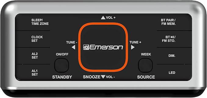 Emerson CKS1521 SmartSet Bluetooth Dual Alarm Clock Radio with 1.4” Orange LED Display, USB Charger, FM Radio, AUX Input, Auto-Dimmer, and Orange Accent Light