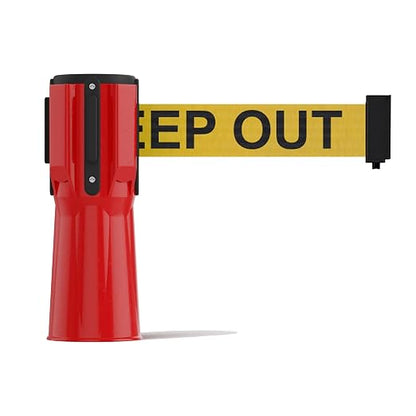 Trafford Industrial 11 ft Cone-Mounted Retractable Belt Barrier Red Case with Yellow with"Danger - Keep Out" Black Letters Belt