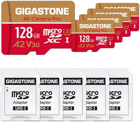 【5-Years Data Recovery】 GIGASTONE 128GB Micro SD Card 5-Pack, 4K Camera Pro, Compatible with GoPro Switch 1, Speed 100MB/s. A2 U3 V30 Micro SDXC Card with SD Adapter.