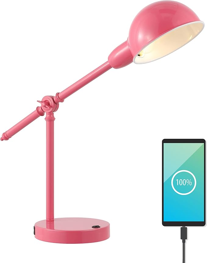JONATHAN Y Curtis Task Lamp 20.25" Industrial Metal Adjustable USB, Pink | Vintage Style, Dome Shade, LED Bulb Included, Perfect for Home Office or Nightstand