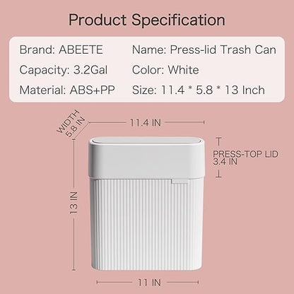 Bathroom Trash Can with Press Top Lid, 3.2 Gallon Slim Garbage Can for Kitchen Cabinet, 12L Dogproof Wastebasket Trash Bin for Office, Bedroom, Living Room, Home Countertop - White