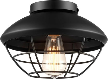 Globe Electric 60000120 1-Light Outdoor Flush Mount Ceiling Light, Matte Black Finish, Metal Cage Shade, Weather Resistant, Industrial Outdoor Ceiling Light, E26 Base