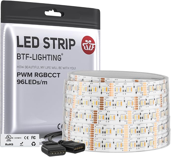 BTF-LIGHTING RGBCCT LED Strip UL Listed 16.4ft 96LED/m 300LED DC12V IP67 | White LED Tape 12mm wide 5 Colors in 1 RGB+Dimmable Tunable Color Temperature 2700K-6500K for Decor(No Adapter or Controller)