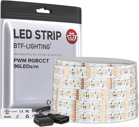 BTF-LIGHTING RGBCCT LED Strip UL Listed 16.4ft 96LED/m 300LED DC12V IP67 | White LED Tape 12mm wide 5 Colors in 1 RGB+Dimmable Tunable Color Temperature 2700K-6500K for Decor(No Adapter or Controller)