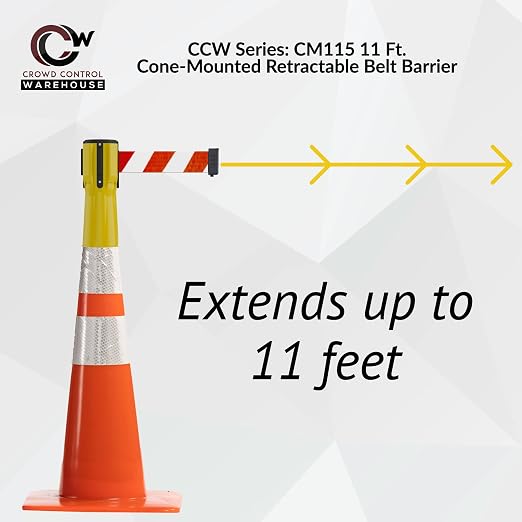 Trafford Industrial 11 ft Cone-Mounted Retractable Belt Barrier Red Case with Blue and White Diagonal Belt