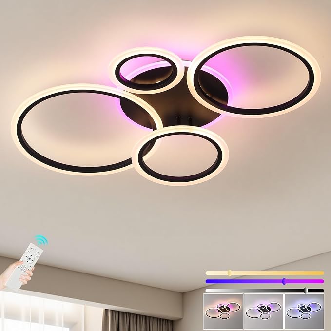 Modern LED Ceiling Light, 50W 4 Ring Flush Mount RGB Fixture | Black Ceiling Light Fixture with Remote, Dimmable 3000K-6000K, 10%-100% Brightness, RGB Backlight for Bedroom Living Room