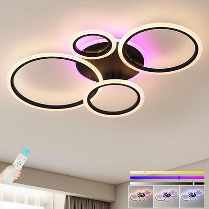Modern LED Ceiling Light, 50W 4 Ring Flush Mount RGB Fixture | Black Ceiling Light Fixture with Remote, Dimmable 3000K-6000K, 10%-100% Brightness, RGB Backlight for Bedroom Living Room