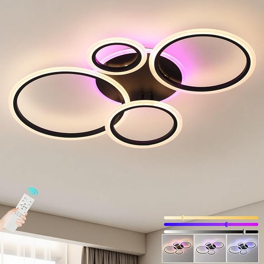 Modern LED Ceiling Light, 50W 4 Ring Flush Mount RGB Fixture | Black Ceiling Light Fixture with Remote, Dimmable 3000K-6000K, 10%-100% Brightness, RGB Backlight for Bedroom Living Room