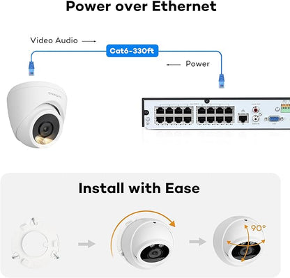 ONWOTE 4K 8MP PoE IP Camera, Smart AI Human Vehicle Detection Activate Bright Spotlights, 134° Wide Viewing Angle, Indoor/Outdoor, Commercial Wired Camera for Business, Add-on to PoE NVR System