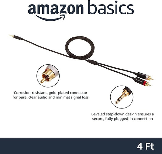 Amazon Basics 3.5mm Stereo Aux to 2 RCA Audio Cable Adapter for Sound, Connecting Amplifiers, Speakers, Smartphone, Tablet with Gold-Plated Plugs, 4 Feet/1.2 m, Black