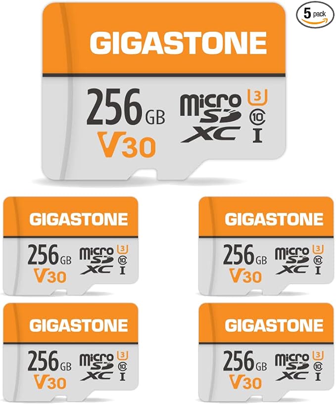 GIGASTONE 256GB Micro SD Card 5-Pack, A1 V30 4K Video Recording, Surveillance, Security Camera, Action Camera, Drone, 100MB/s MicroSDXC Memory Card UHS-I Class 10