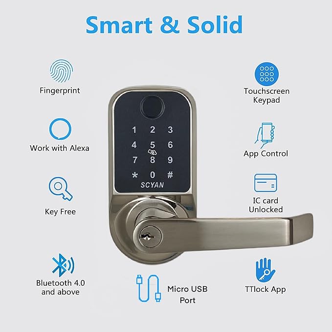 SCYAN Smart Door Lock, Scyan X1, 5 in 1 Fingerprint Biometric Door Lock, Touchscreen Keypad Door Lock, Key Fob, Auto Locking, for Office, Home, Airbnb, Rental House (Brush Nickel)