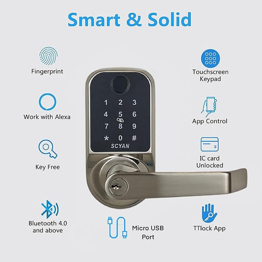 SCYAN Smart Door Lock, Scyan X1, 5 in 1 Fingerprint Biometric Door Lock, Touchscreen Keypad Door Lock, Key Fob, Auto Locking, for Office, Home, Airbnb, Rental House (Brush Nickel)