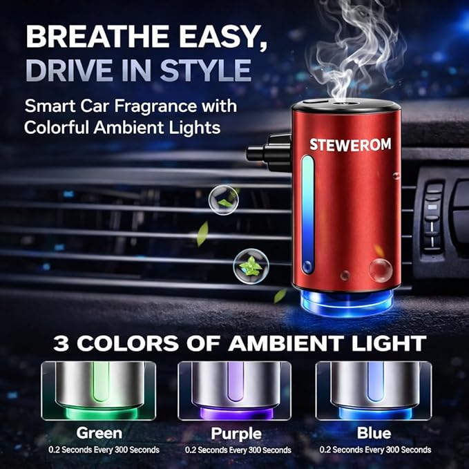 Car Air Freshener - Smart Adjustable 3-Speed Intensity, Rechargeable Humidifier Car Essential Oil Diffuser - Comes with 8 Bottles of 10ml Perfume (Red)