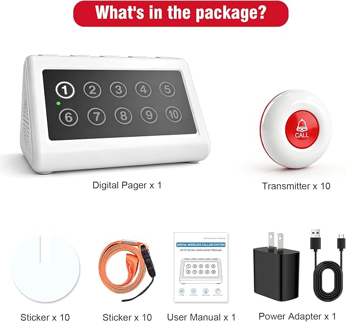 CallToU Wireless Calling System Caregiver Pager Call Button System with 10 Waterproof Call Buttons and 1 Number Receiver for Clinic Nurses Station Restaurant Nursing Home